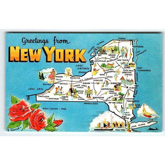 Greetings From New York Map Postcard Empire State Postcard Dexter Chrome Vintage - Picture 1 of 2